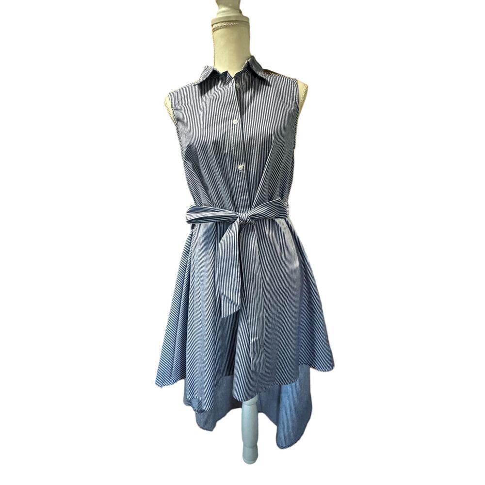 Sleeveless Womens Blue and White Striped Belted Shirt Dress Longer In Back Small